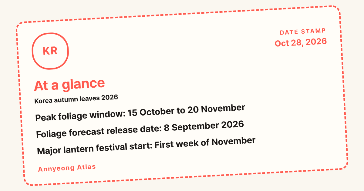 At a glance: Peak foliage window: 15 October to 20 November / Foliage forecast release date: 8 September 2026 / Major lantern festival start: First week of November