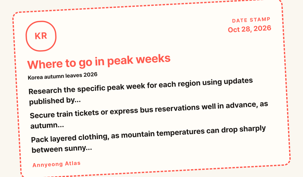 Where to go in peak weeks card: Research the specific peak week for each region using updates published by…, Secure train tickets or express bus reservations well in advance, as autumn…, Pack layered 