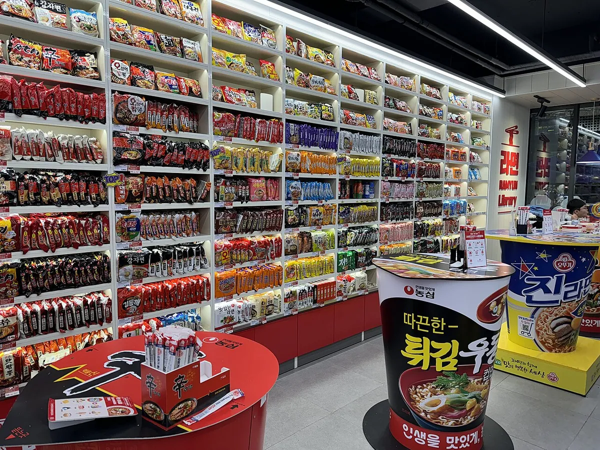 Ramyeon and snacks displayed at a 24-hour convenience store in Hongdae, Seoul.