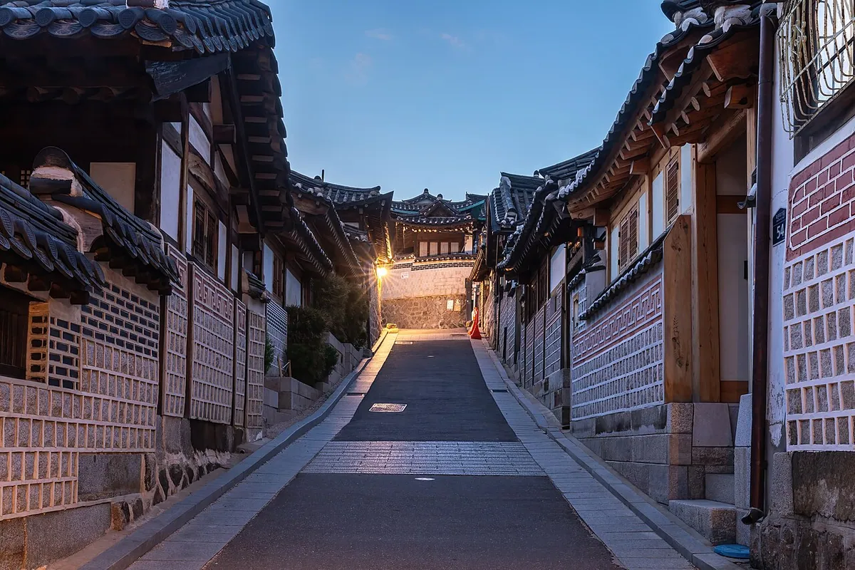 Bukchon-ro 11-gil street with hanok houses at blue hour in Bukchon Hanok Village Seoul